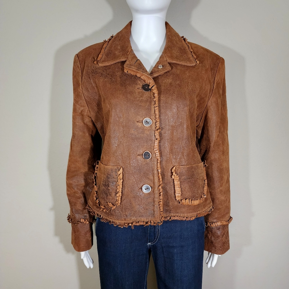 (EUC) SCULLY Brown Rolled Fringe Button Down Leather Jacket